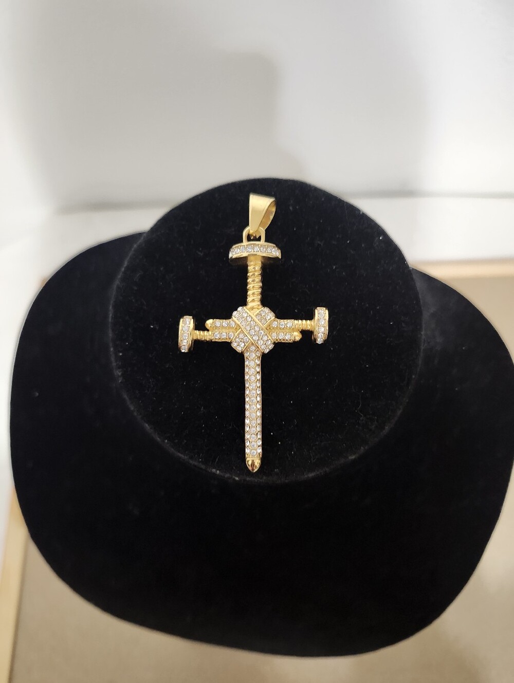 Gold Cross Sword Pendant Necklace with Clear Crystals 3" Long New